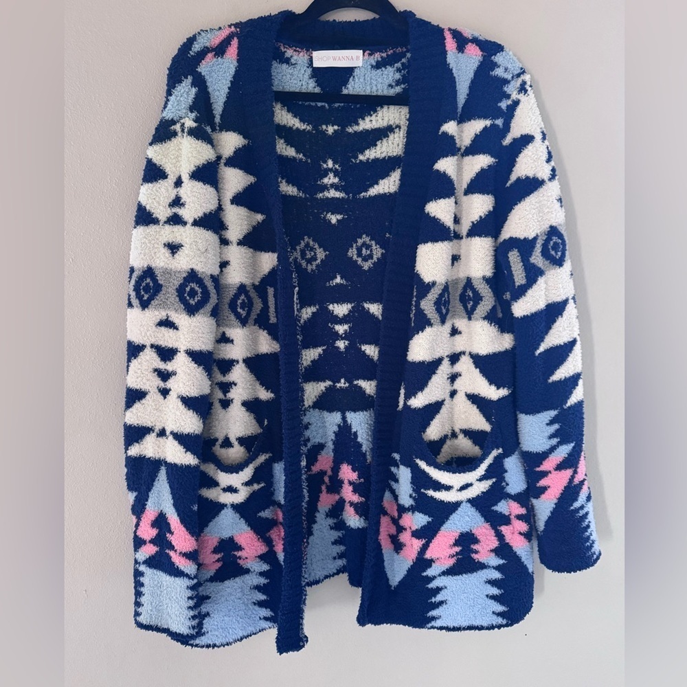 Wanna B Size S Blue and Pink Aztec Patterned Women's Sweater